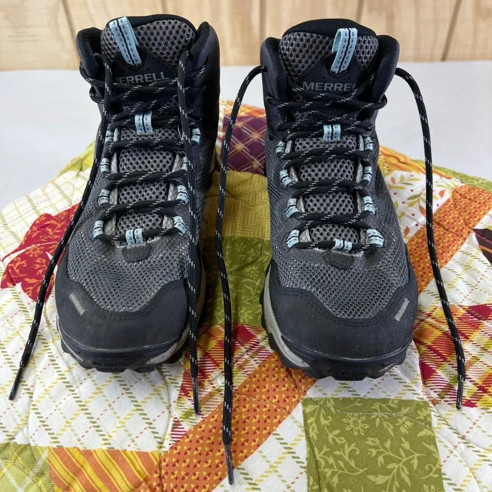 Merrell Womens Hiking Boots Gore Tex Gray Light Blue Sz 7 Waterproof Trail Shoes